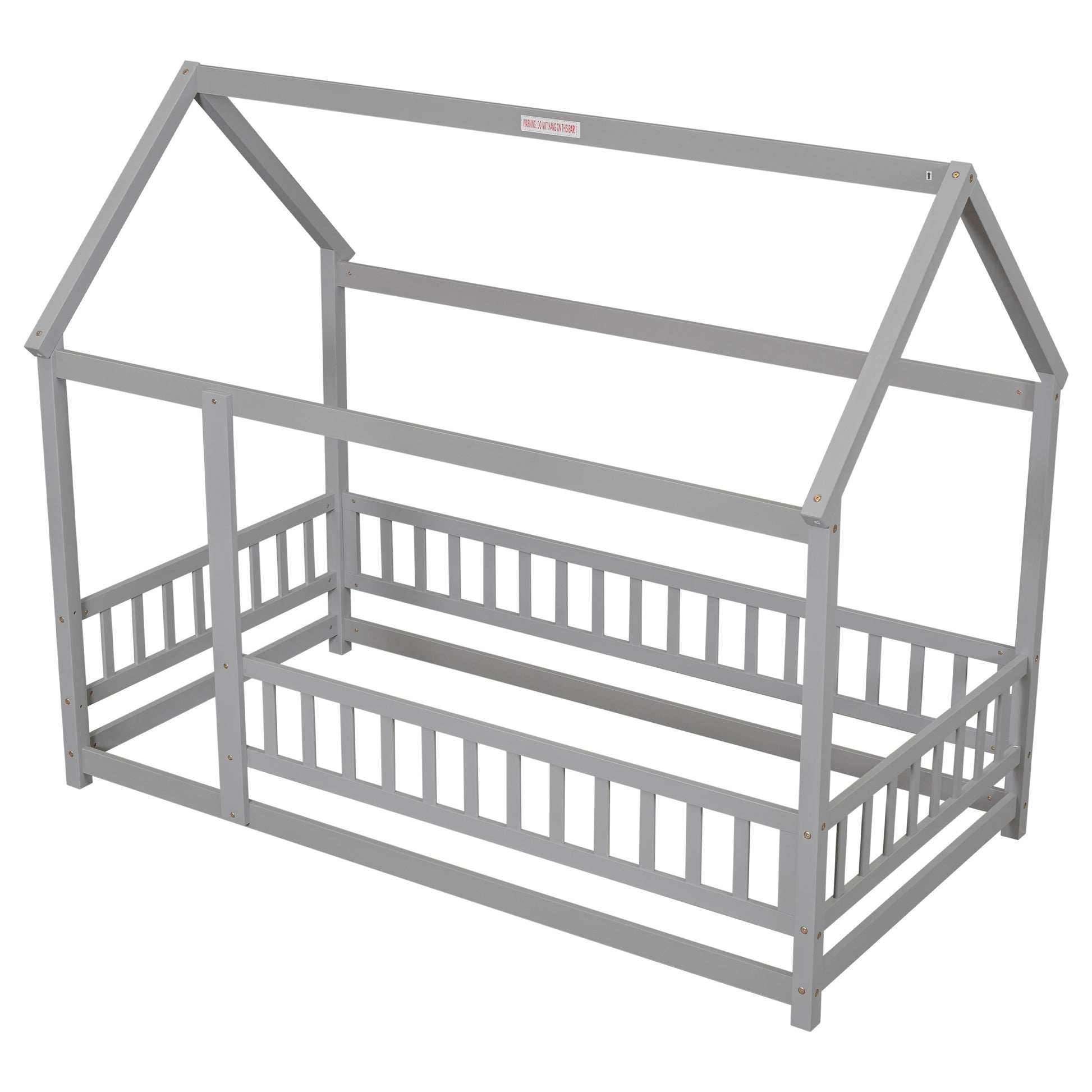 Twin Size Floor Wooden Bed With House Roof Frame, Fence Guardrails,Grey Old Sku:W50471471 Twin Grey Pine