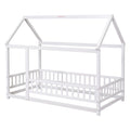 Twin Size Floor Wooden Bed With House Roof Frame, Fence Guardrails,White Old Sku:W50471472 Twin White Pine