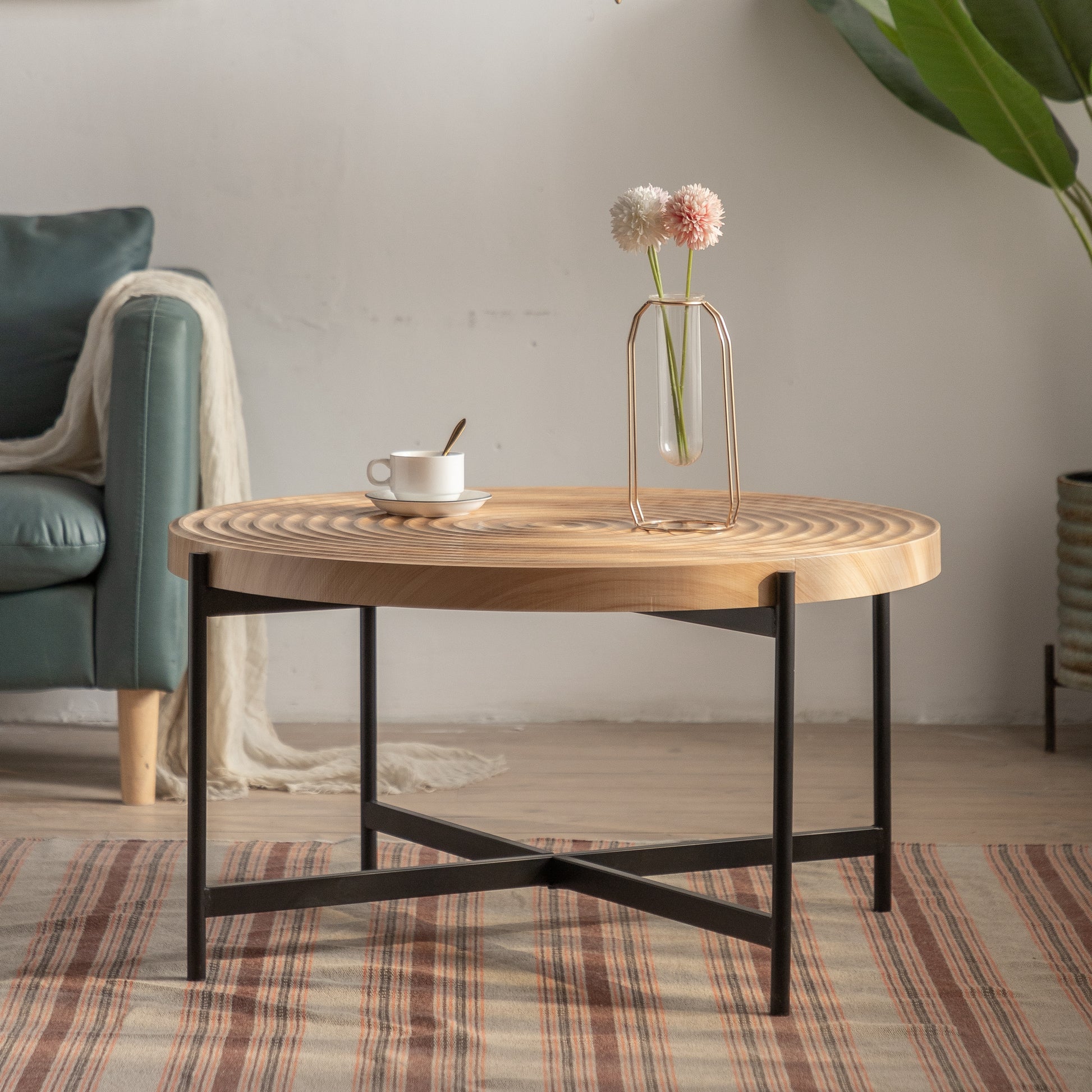 33"Modern Thread Design Round Coffee Tablemdf Table Top With Cross Legs Metal Base Natural Mdf