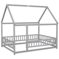 Full Size Floor Wooden Bed With House Roof Frame, Fence Guardrails ,Grey Old Sku:W50471474 Full Grey Pine