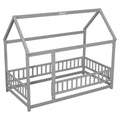 Twin Size Floor Wooden Bed With House Roof Frame, Fence Guardrails,Grey Old Sku:W50471471 Twin Grey Pine