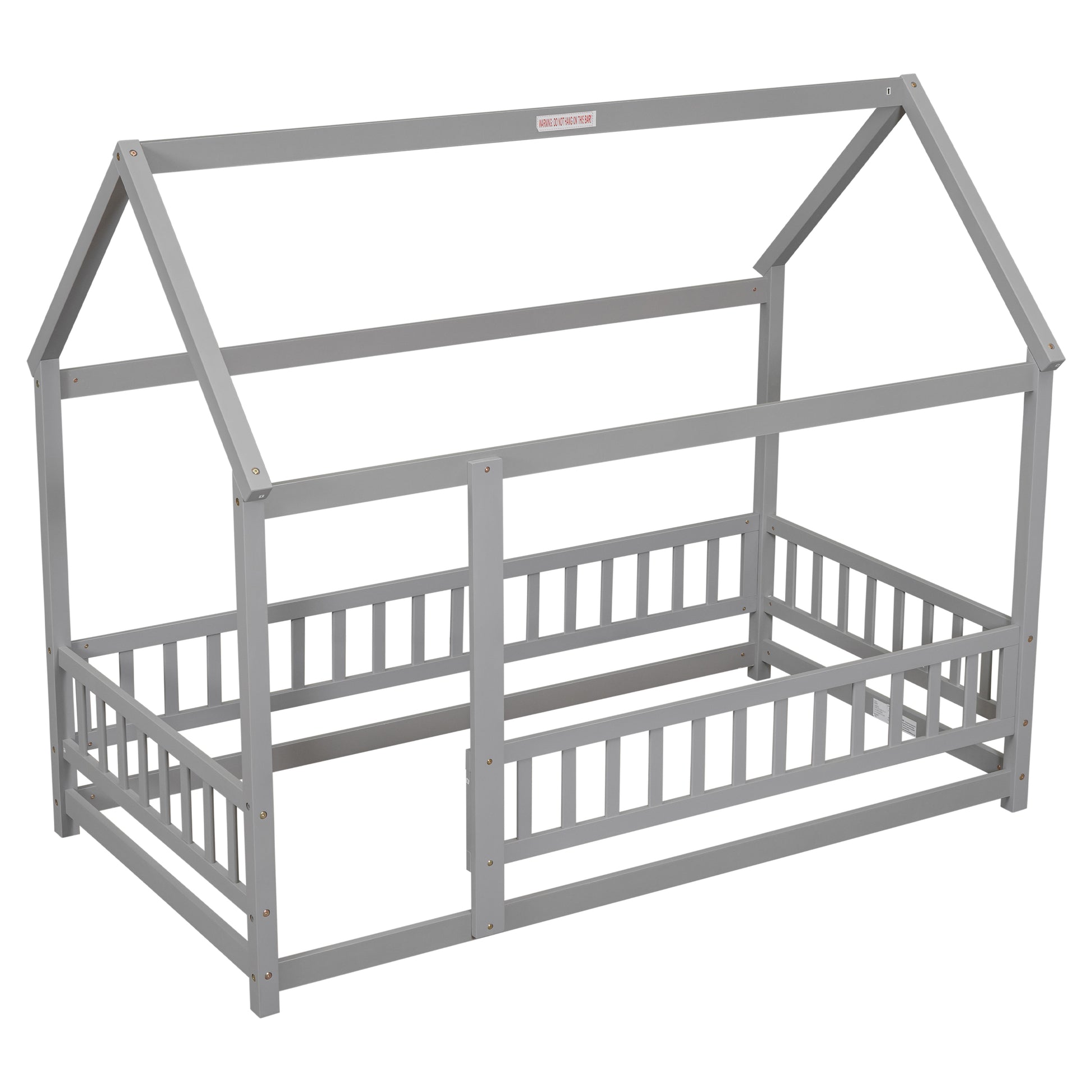 Twin Size Floor Wooden Bed With House Roof Frame, Fence Guardrails,Grey Old Sku:W50471471 Twin Grey Pine