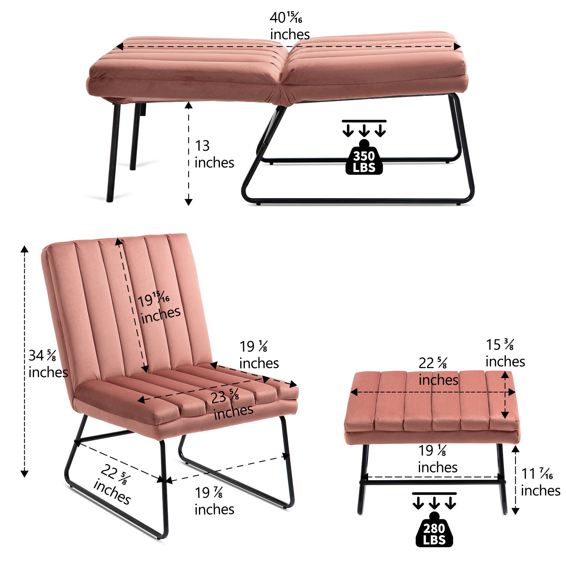 Pink Modern Lazy Lounge Chair, Contemporary Single Leisure Upholstered Sofa Chair Set Pink Primary Living Space Modern Foam Velvet