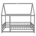 Full Size Floor Wooden Bed With House Roof Frame, Fence Guardrails ,Grey Old Sku:W50471474 Full Grey Pine