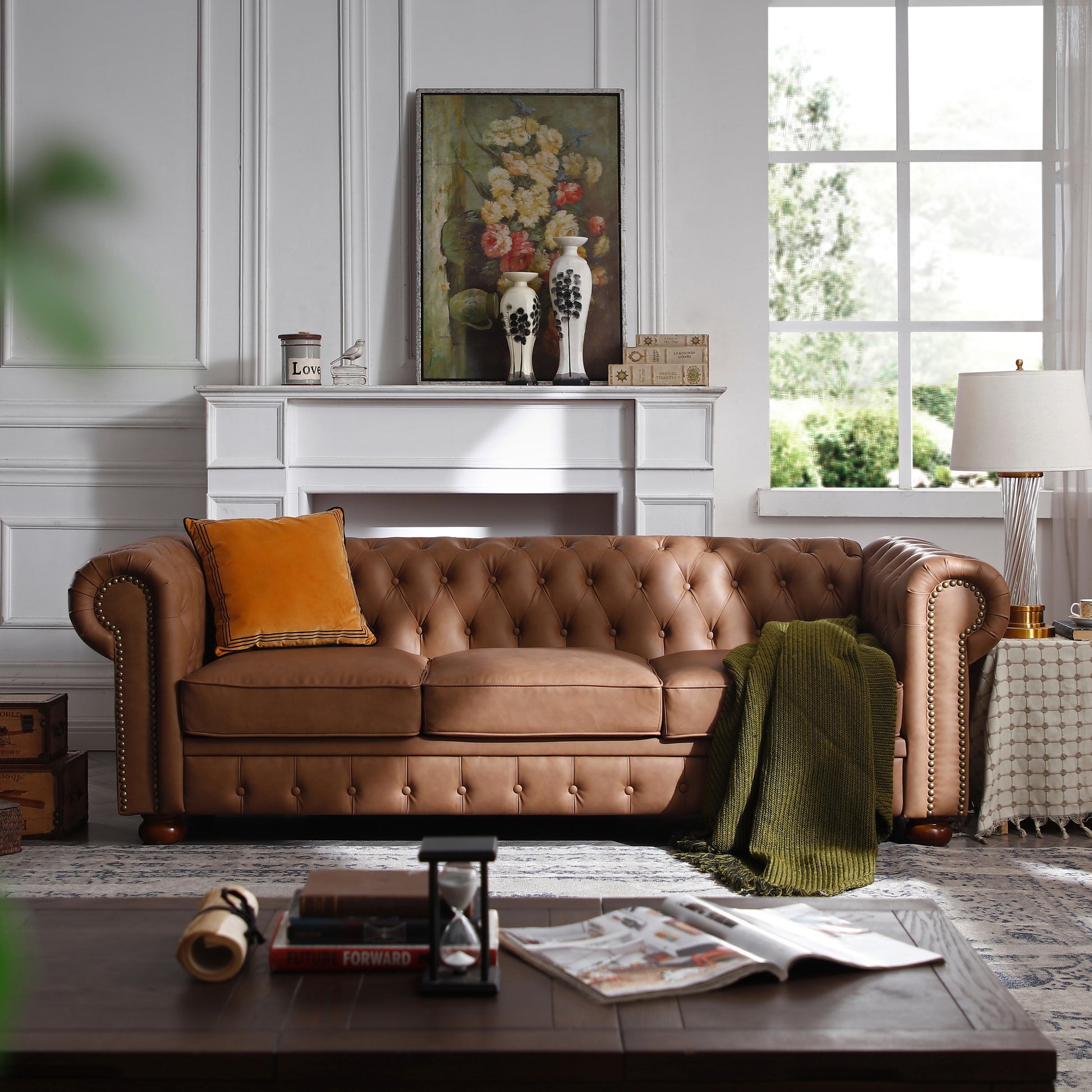 Classic Chesterfield Sofa Brown Faux Leather Brown Foam Technical Leather