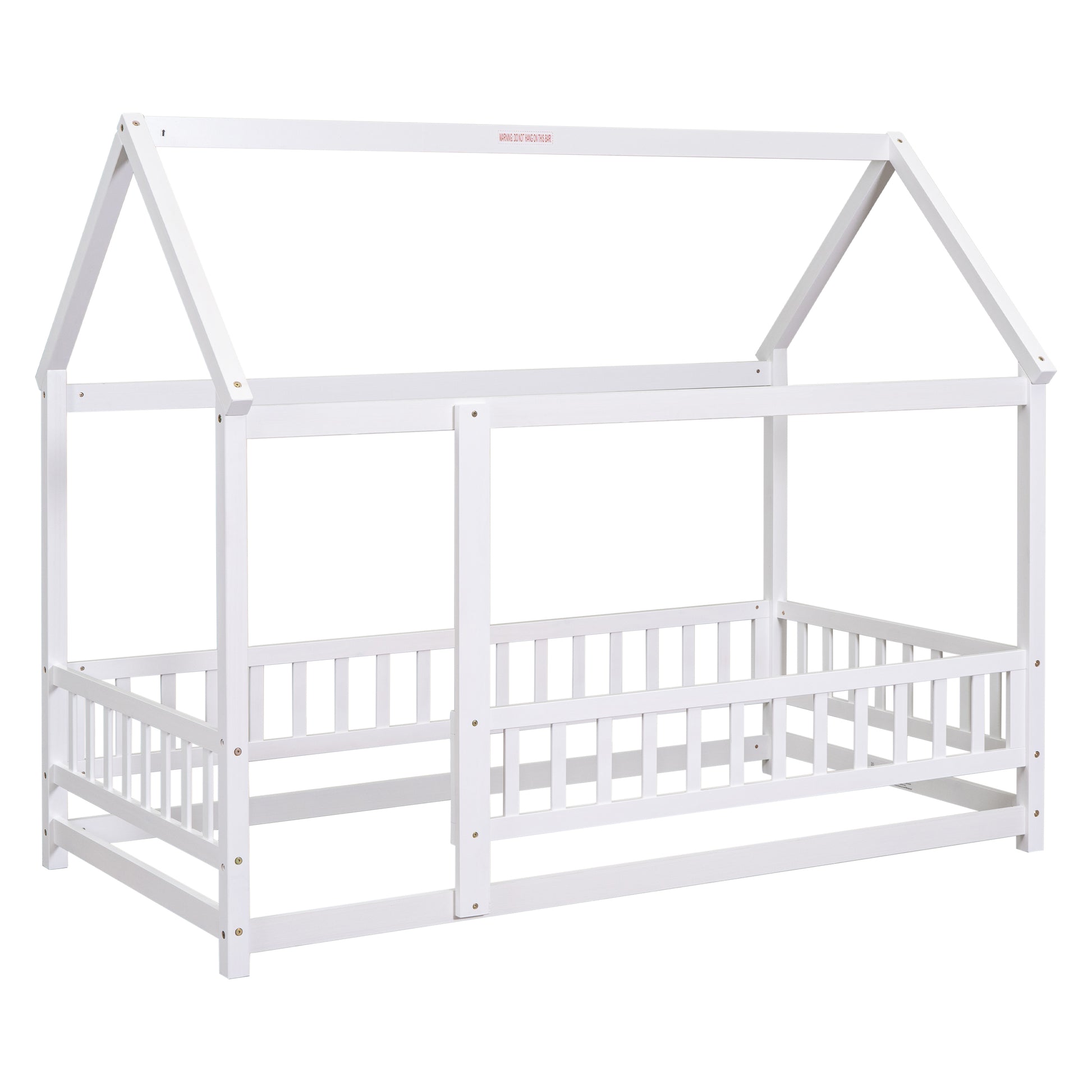 Twin Size Floor Wooden Bed With House Roof Frame, Fence Guardrails,White Old Sku:W50471472 Twin White Pine