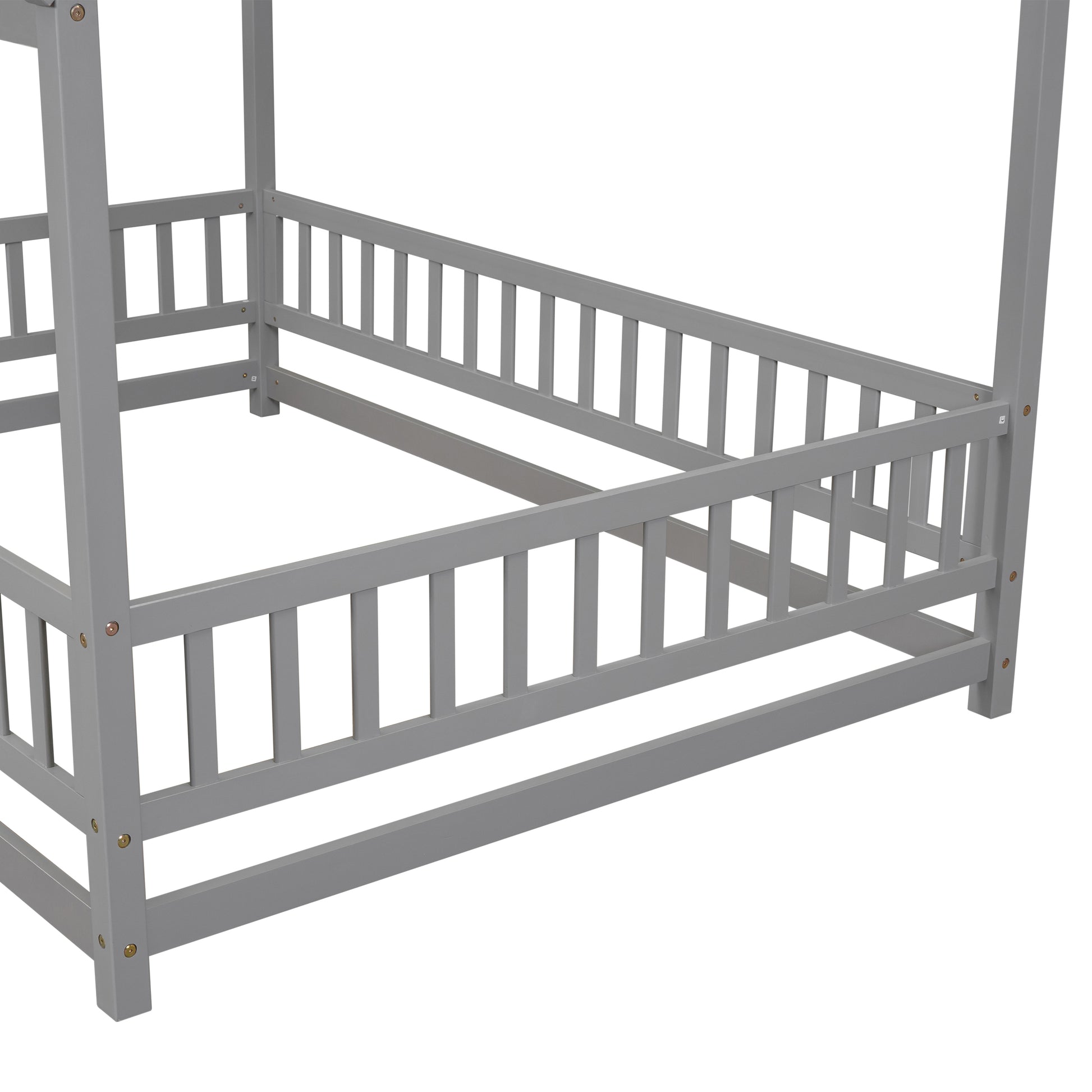 Full Size Floor Wooden Bed With House Roof Frame, Fence Guardrails ,Grey Old Sku:W50471474 Full Grey Pine