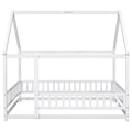 Full Size Floor Wooden Bed With House Roof Frame, Fence Guardrails ,White Old Sku:W50471475 Full White Pine