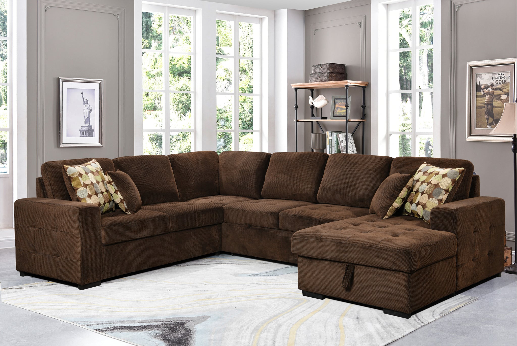 123" Oversized Sectional Sofa With Storage Chaise, U Shaped Sectional Couch With 4 Throw Pillows For Large Space Dorm Apartment. Chocolate Chocolate Foam Upholstered