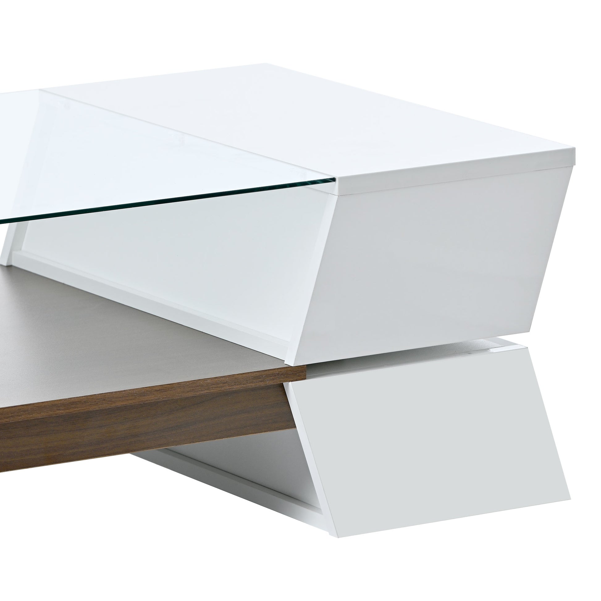 6Mm Glass Top Coffee Table With Open Shelves And Cabinets, Geometric Style Cocktail Table With Great Storage Capacity, Modernist 2 Tier Center Table For Living Room, White White Particle Board