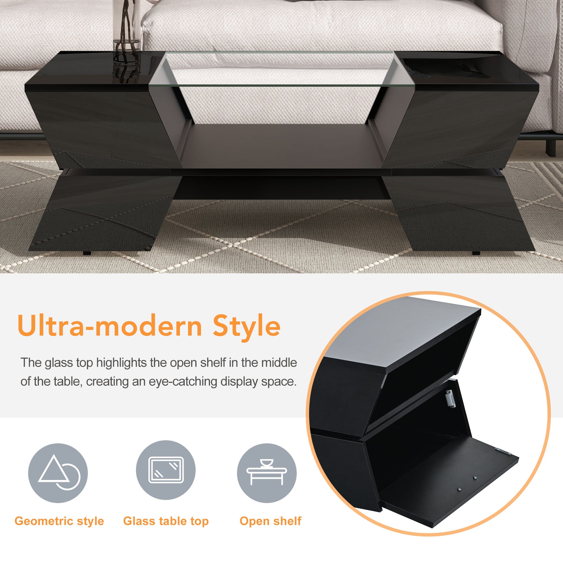 6Mm Glass Top Coffee Table With Open Shelves And Cabinets, Geometric Style Cocktail Table With Great Storage Capacity, Modernist 2 Tier Center Table For Living Room, Black Black Particle Board