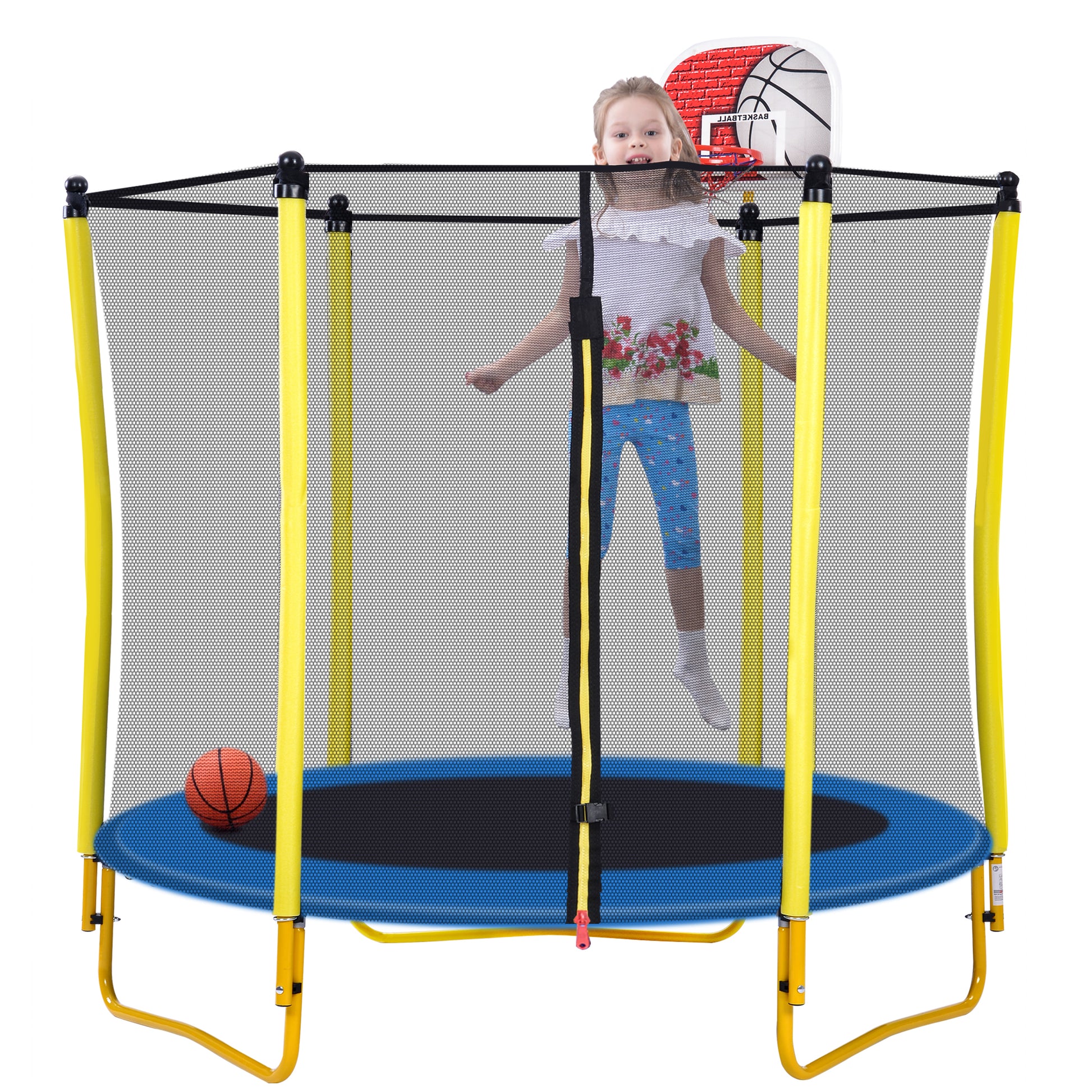 5.5Ft Trampoline For Kids 65" Outdoor & Indoor Mini Toddler Trampoline With Enclosure, Basketball Hoop And Ball Included Yellow Metal