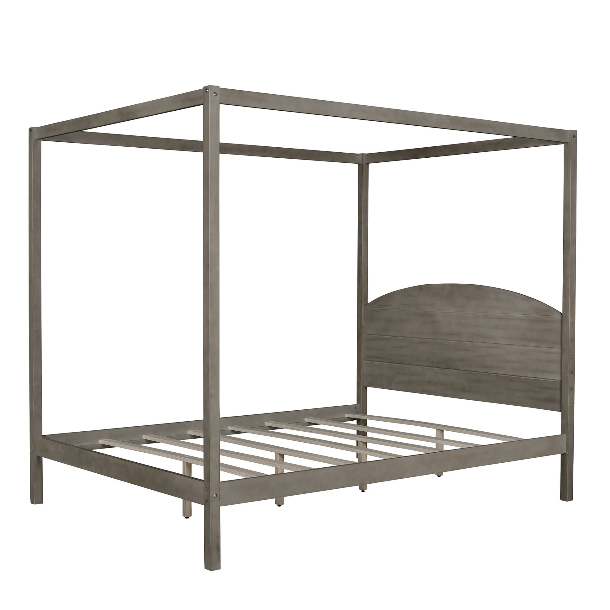 Queen Size Canopy Platform Bed With Headboard And Support Legs,Brown Wash Brown Pine