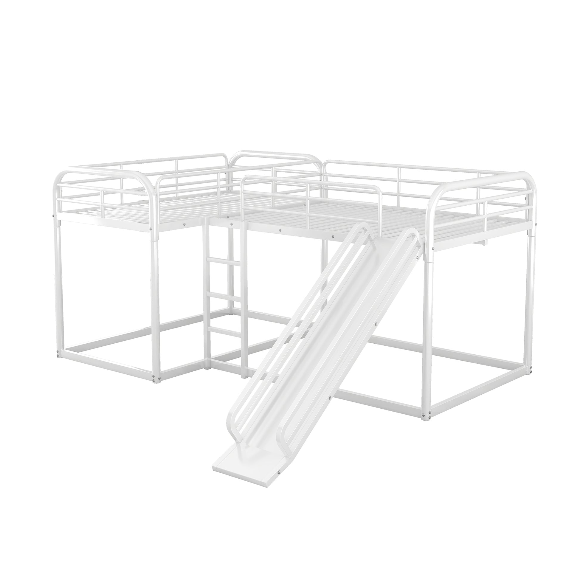 Full And Twin Size L Shaped Bunk Bed With Slide And Short Ladder, White Black Metal