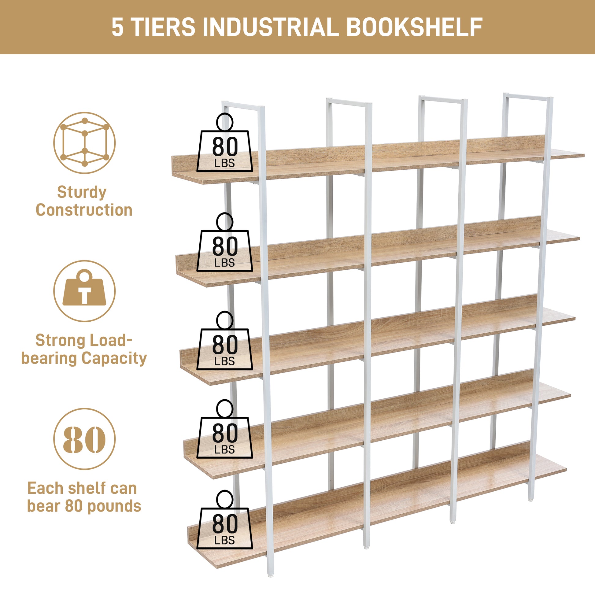 5 Tier Bookcase Home Office Open Bookshelf, Vintage Industrial Style Shelf, Mdf Board, White Metal Frame, Oak White Oak Mdf Steel