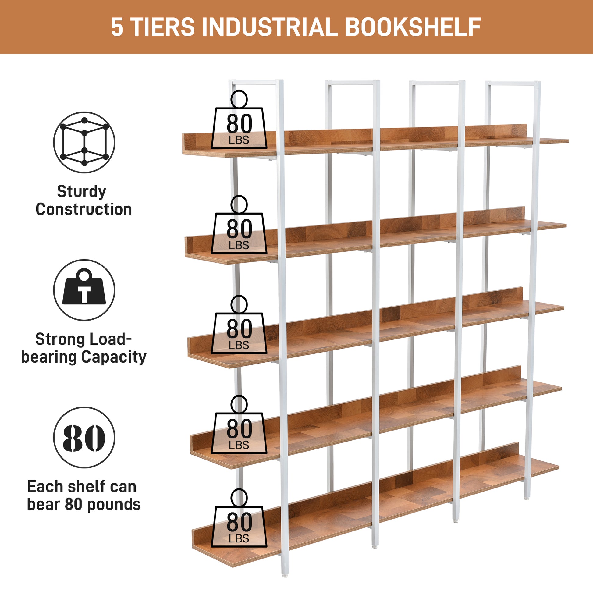 5 Tier Bookcase Home Office Open Bookshelf, Vintage Industrial Style Shelf, Mdf Board, White Metal Frame, Brown Brown White Mdf Steel