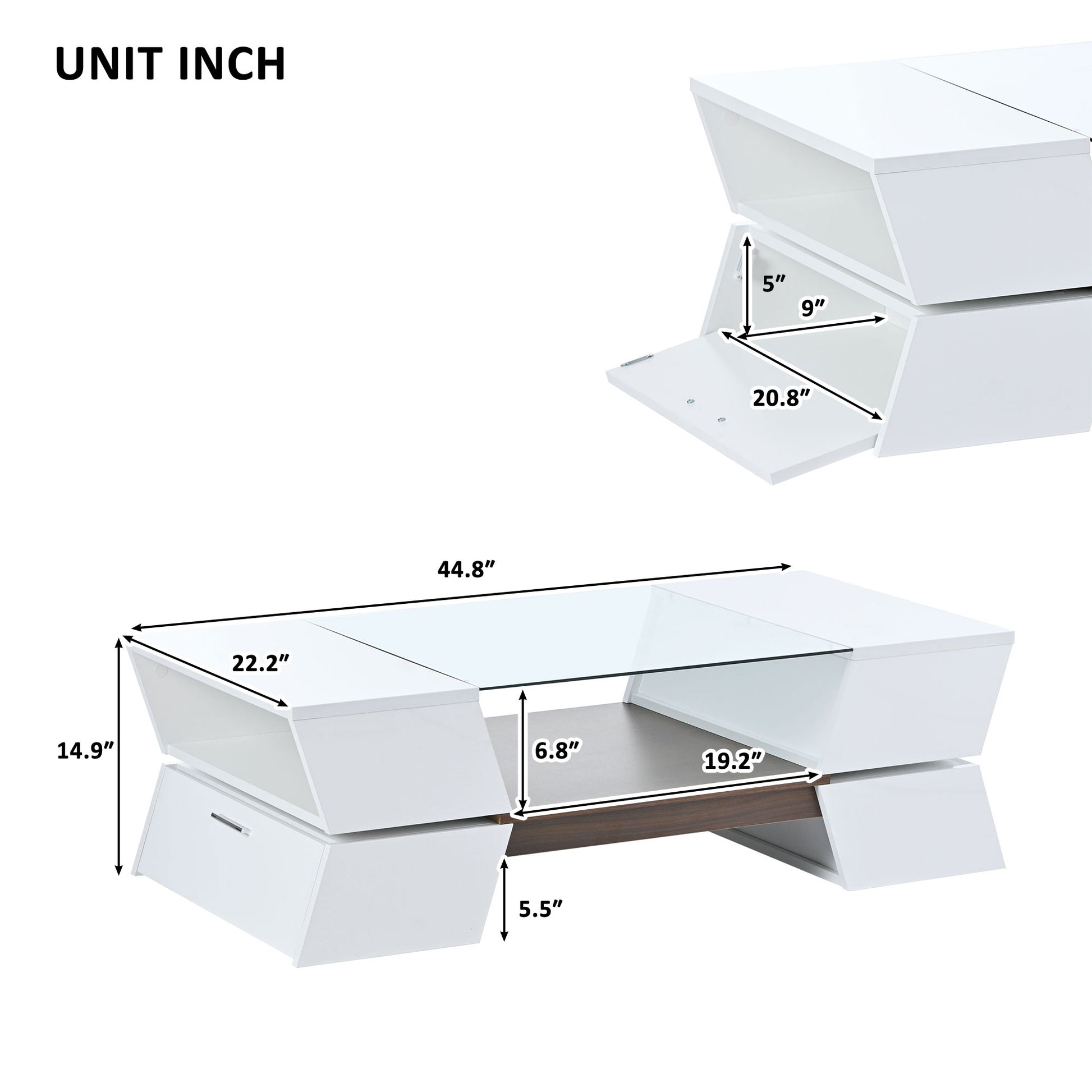 6Mm Glass Top Coffee Table With Open Shelves And Cabinets, Geometric Style Cocktail Table With Great Storage Capacity, Modernist 2 Tier Center Table For Living Room, White White Particle Board