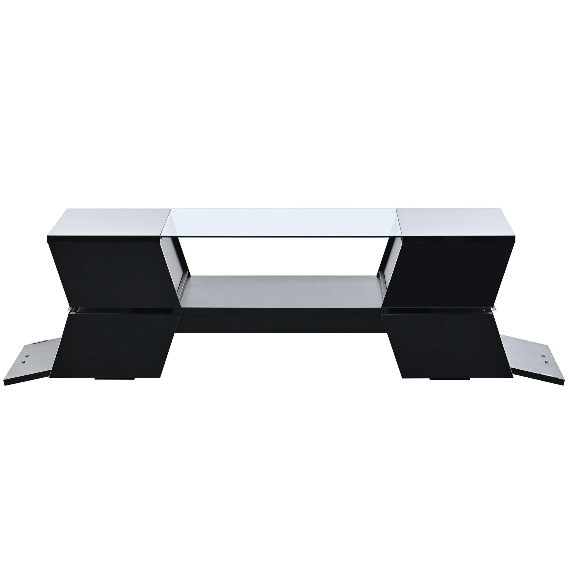 6Mm Glass Top Coffee Table With Open Shelves And Cabinets, Geometric Style Cocktail Table With Great Storage Capacity, Modernist 2 Tier Center Table For Living Room, Black Black Particle Board
