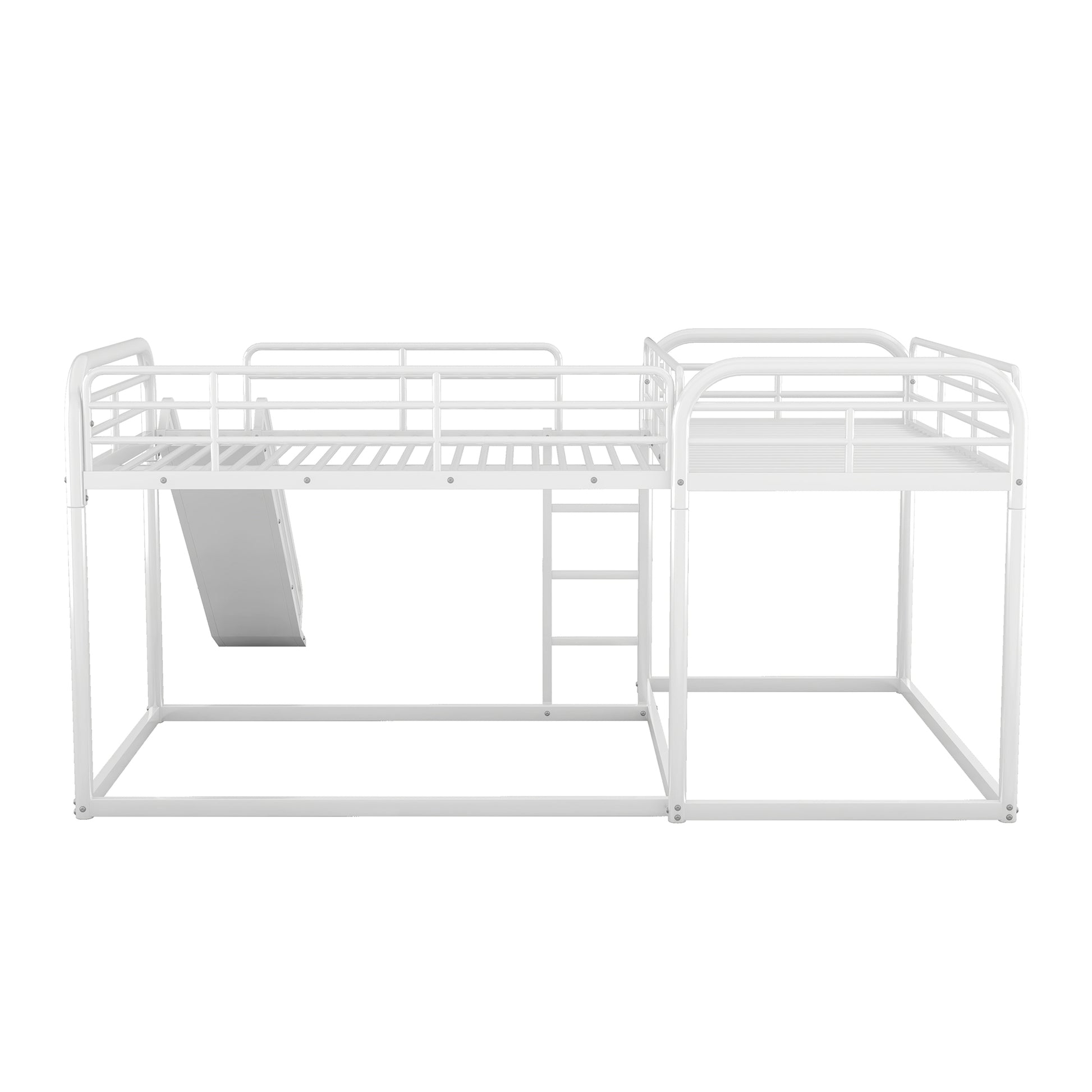 Full And Twin Size L Shaped Bunk Bed With Slide And Short Ladder, White Black Metal