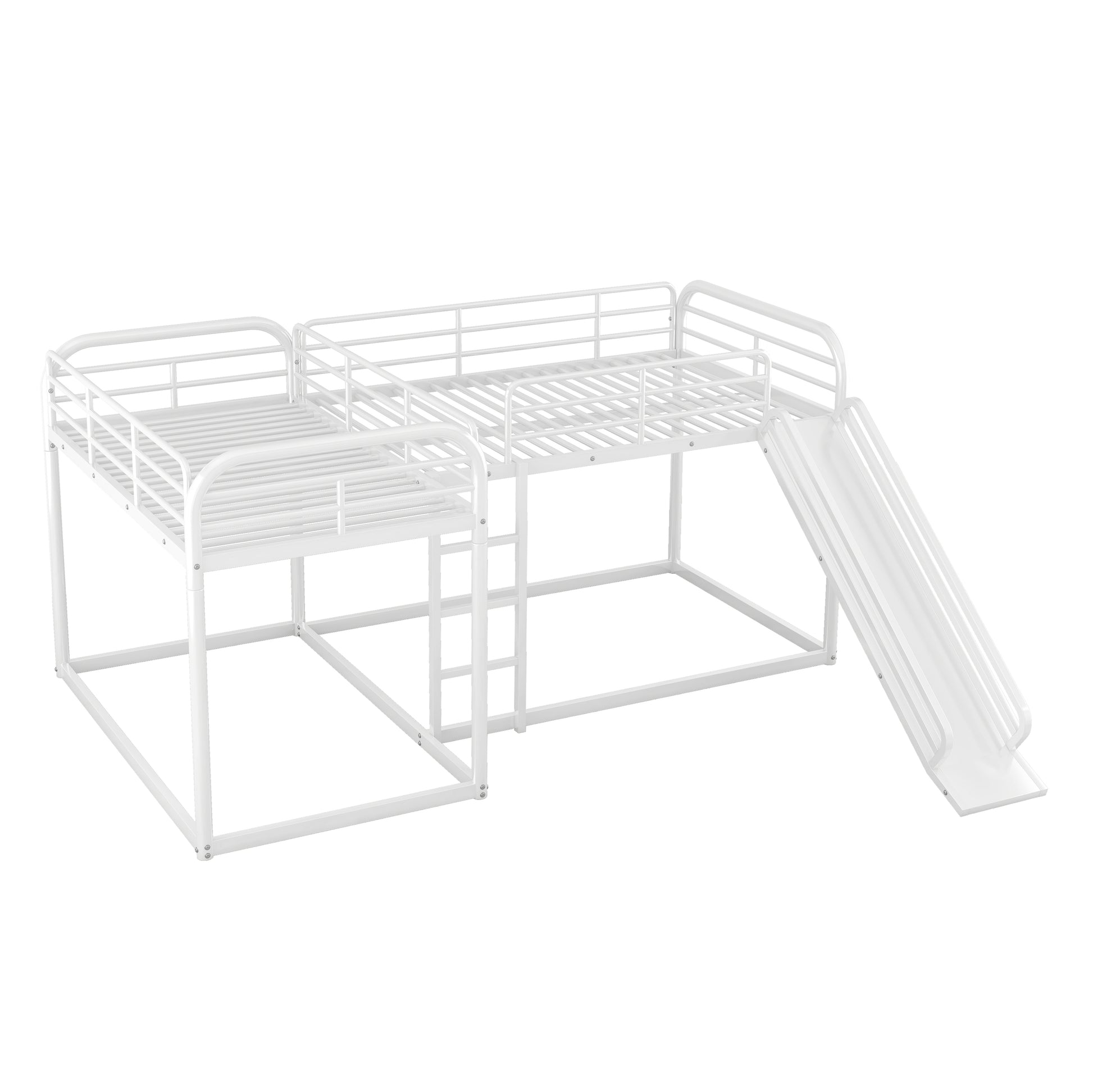 Full And Twin Size L Shaped Bunk Bed With Slide And Short Ladder, White Black Metal