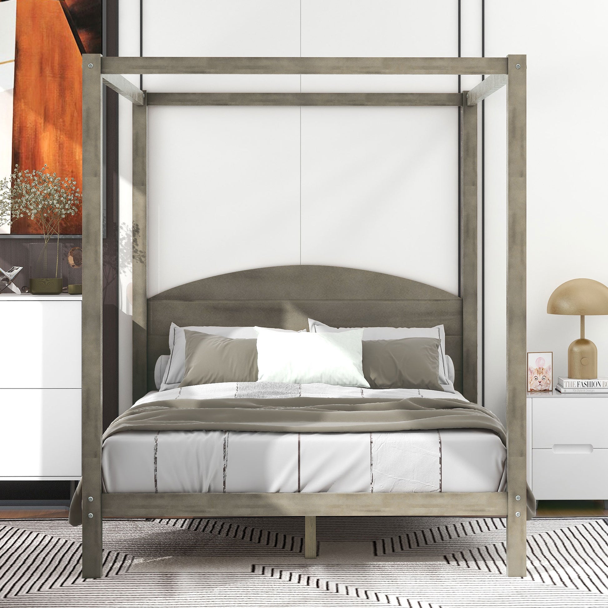 Queen Size Canopy Platform Bed With Headboard And Support Legs,Brown Wash Brown Pine