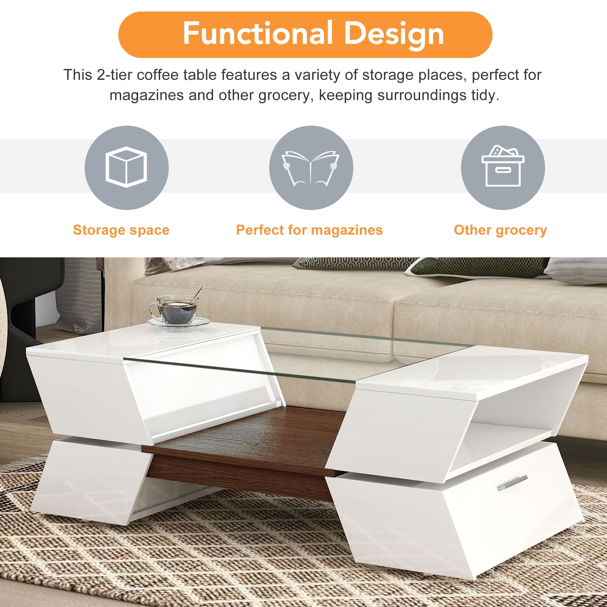 6Mm Glass Top Coffee Table With Open Shelves And Cabinets, Geometric Style Cocktail Table With Great Storage Capacity, Modernist 2 Tier Center Table For Living Room, White White Particle Board