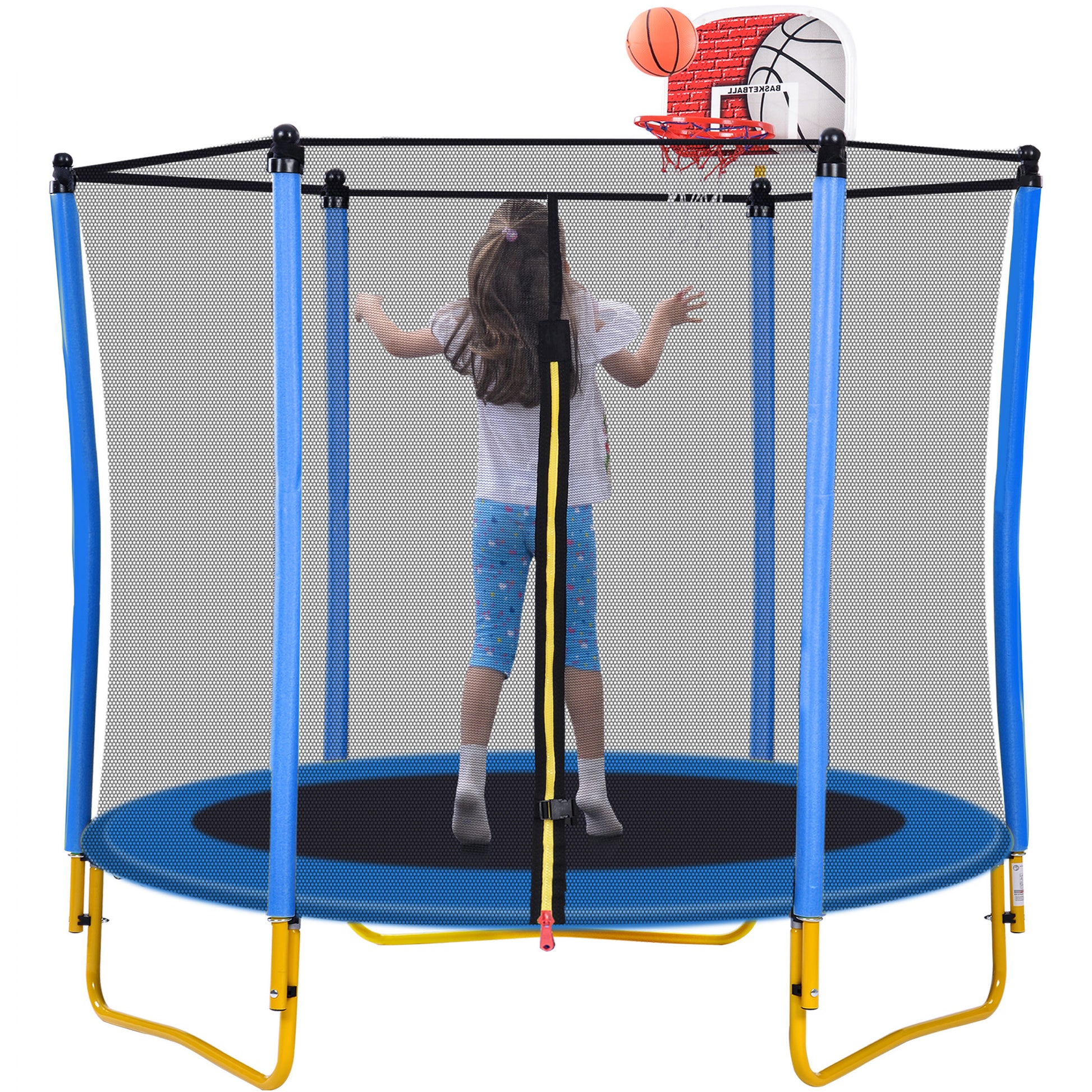 5.5Ft Trampoline For Kids 65" Outdoor & Indoor Mini Toddler Trampoline With Enclosure, Basketball Hoop And Ball Included Blue Metal