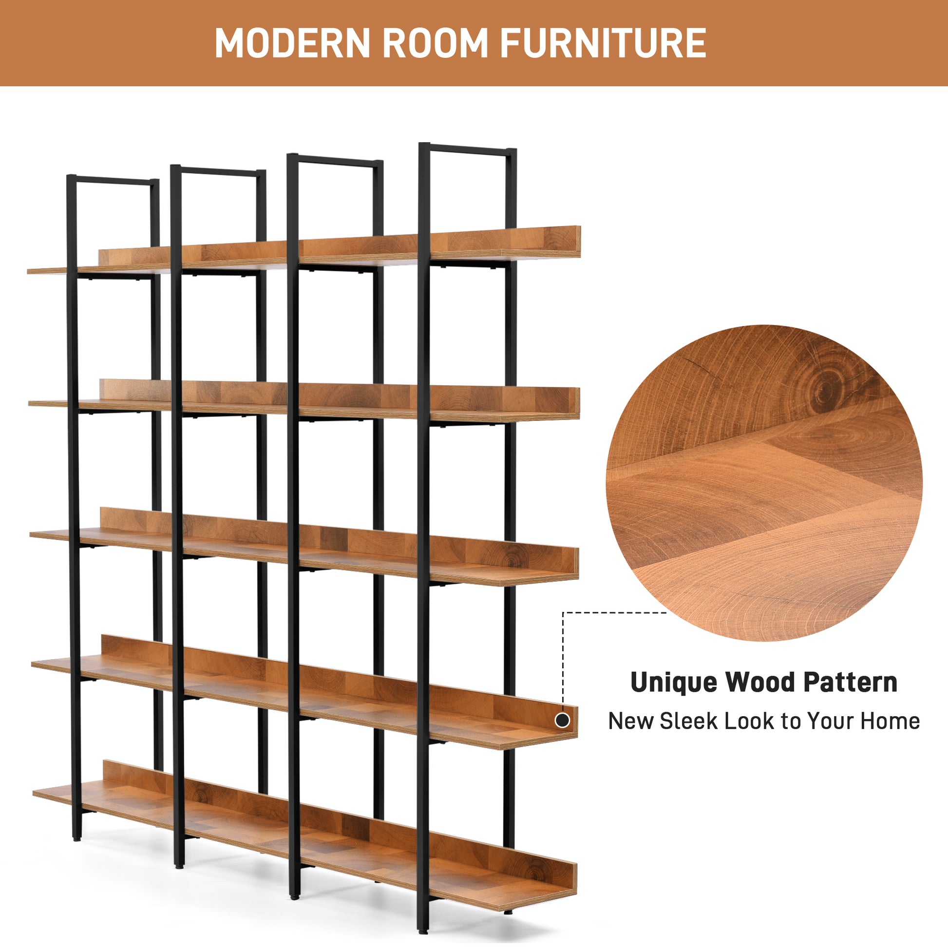 5 Tier Bookcase Home Office Open Bookshelf, Vintage Industrial Style Shelf, Mdf Board, Black Metal Frame, Brown Black Brown Mdf Steel