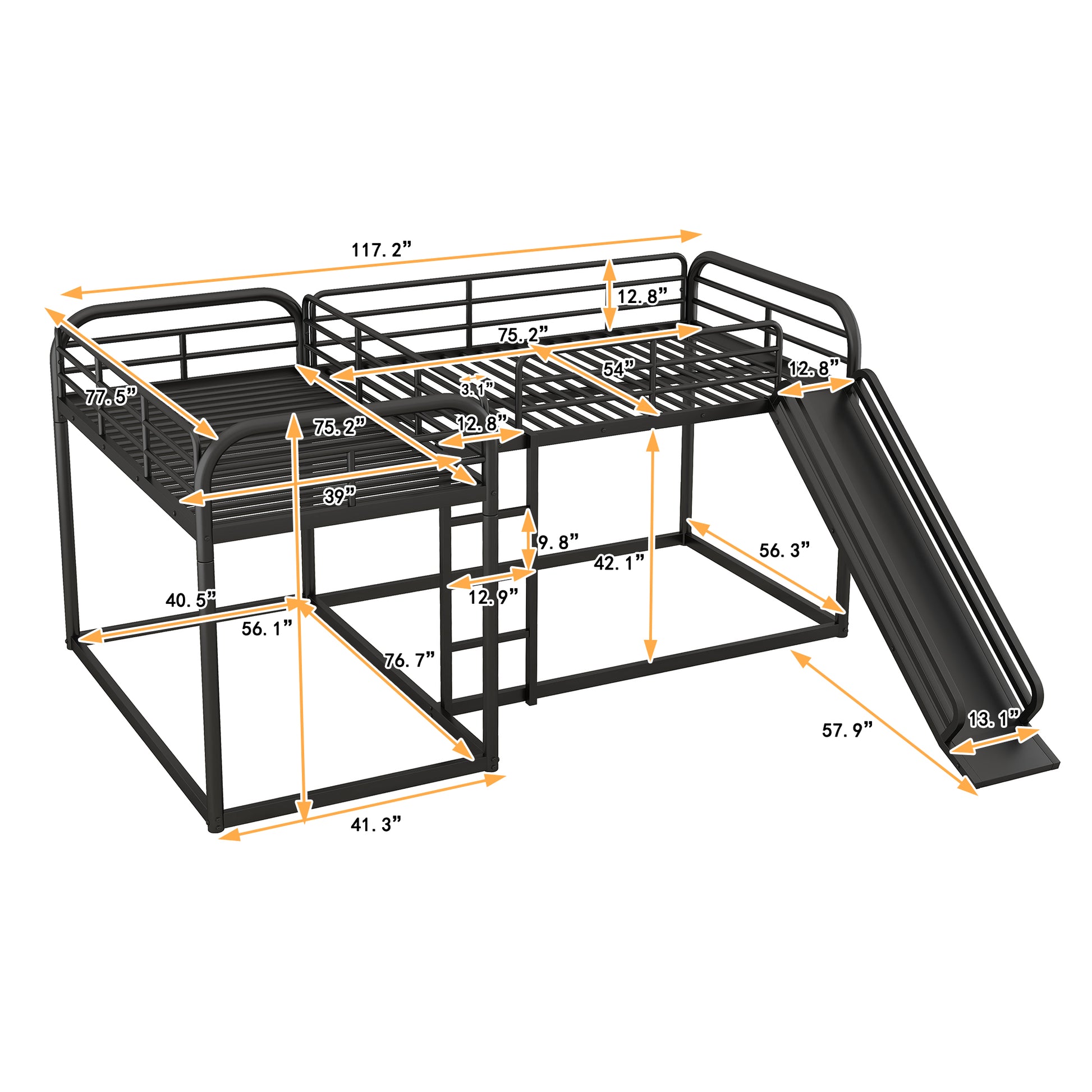 Full And Twin Size L Shaped Bunk Bed With Slide And Short Ladder, Black Black Metal