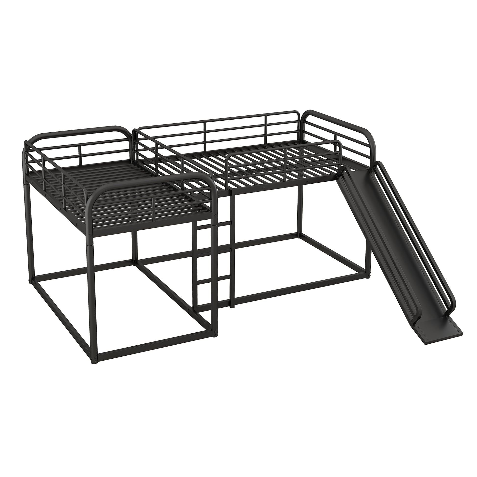 Full And Twin Size L Shaped Bunk Bed With Slide And Short Ladder, Black Black Metal