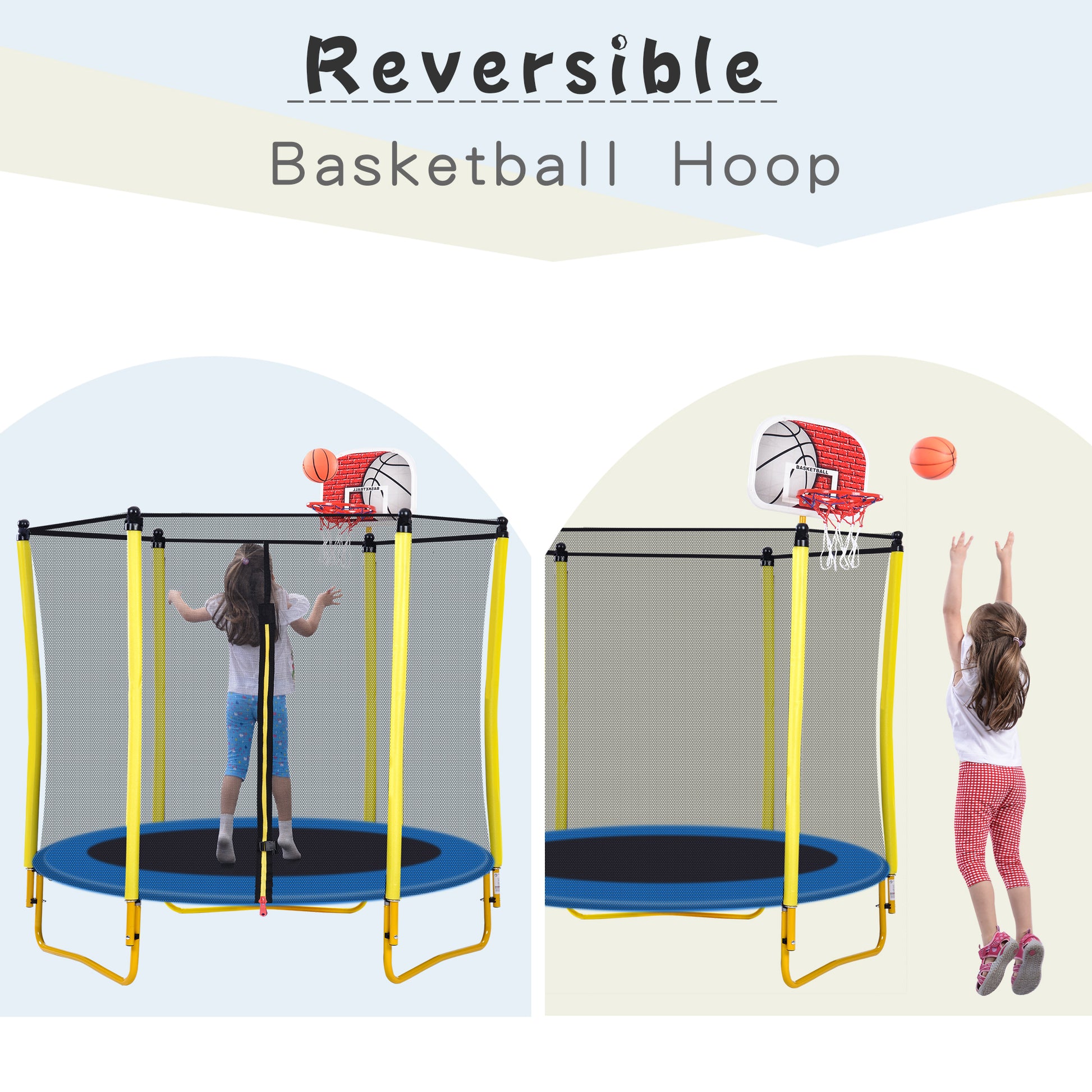 5.5Ft Trampoline For Kids 65" Outdoor & Indoor Mini Toddler Trampoline With Enclosure, Basketball Hoop And Ball Included Yellow Metal