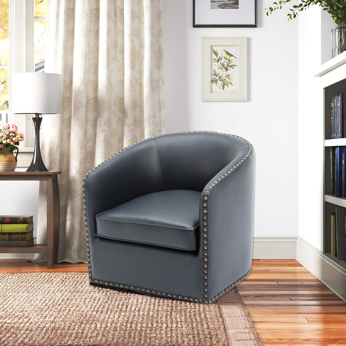 Trenton Swivel Arm Chair Midnight Blue Dark Blue Foam Pu Leather