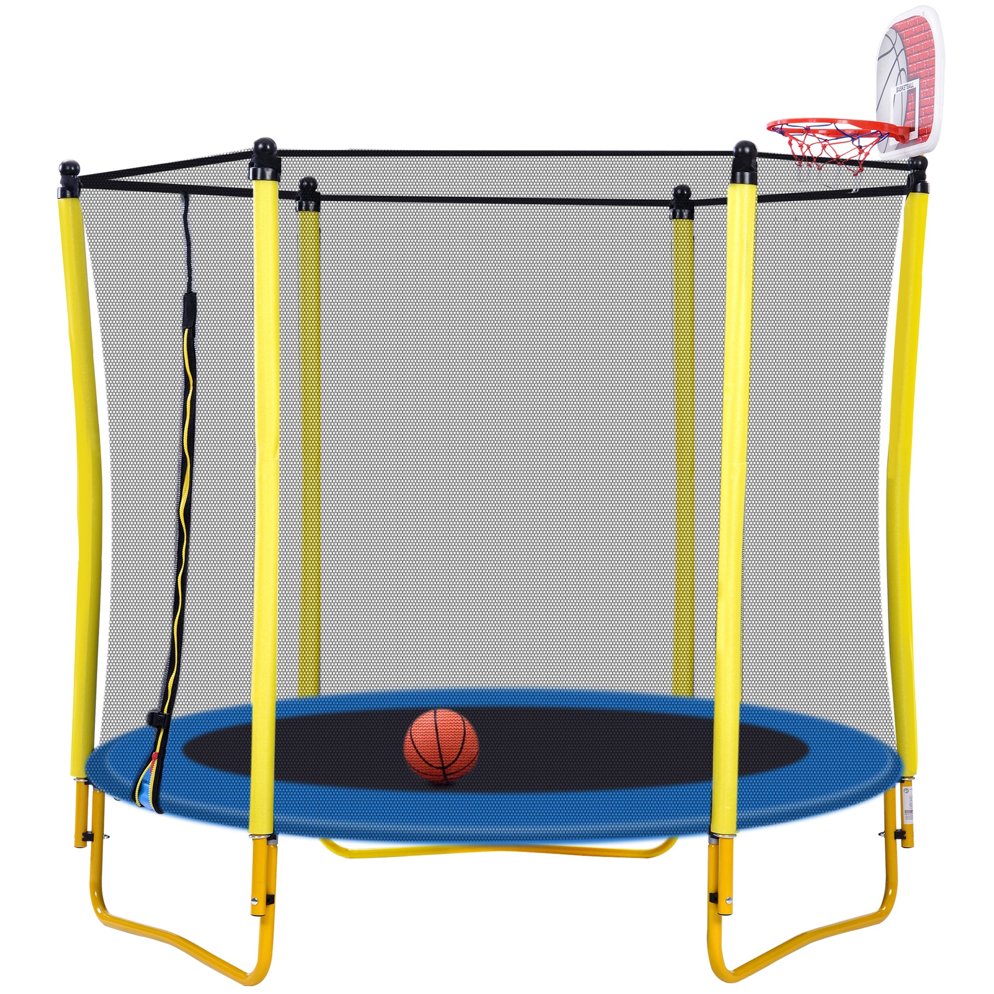 5.5Ft Trampoline For Kids 65" Outdoor & Indoor Mini Toddler Trampoline With Enclosure, Basketball Hoop And Ball Included Yellow Metal