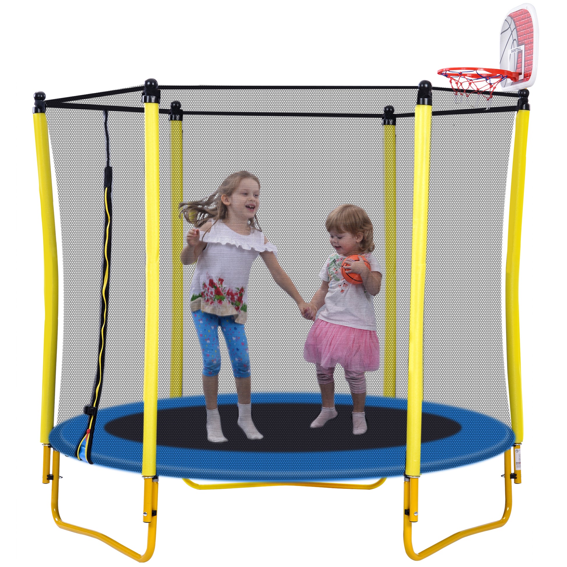 5.5Ft Trampoline For Kids 65" Outdoor & Indoor Mini Toddler Trampoline With Enclosure, Basketball Hoop And Ball Included Yellow Metal