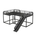 Full And Twin Size L Shaped Bunk Bed With Slide And Short Ladder, Black Black Metal