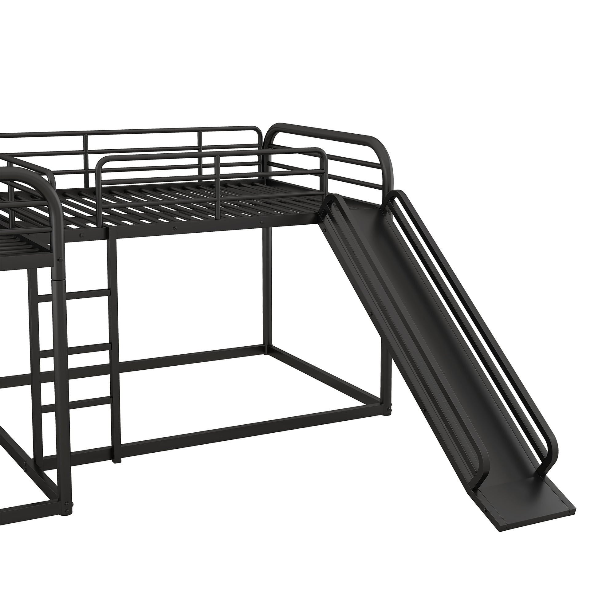 Full And Twin Size L Shaped Bunk Bed With Slide And Short Ladder, Black Black Metal