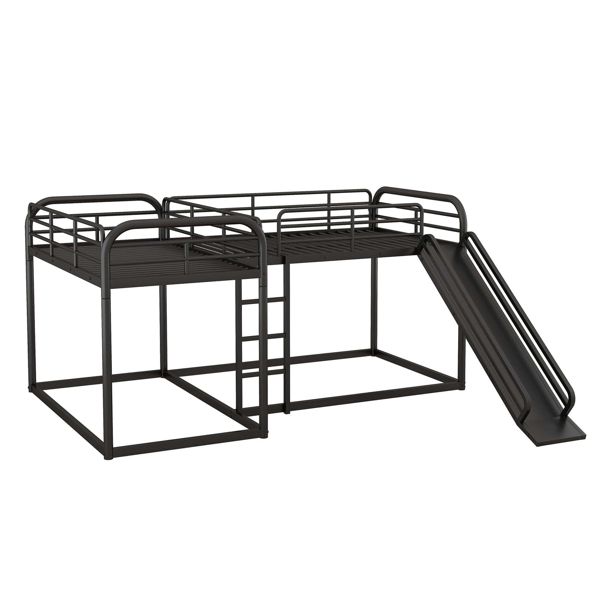 Full And Twin Size L Shaped Bunk Bed With Slide And Short Ladder, Black Black Metal