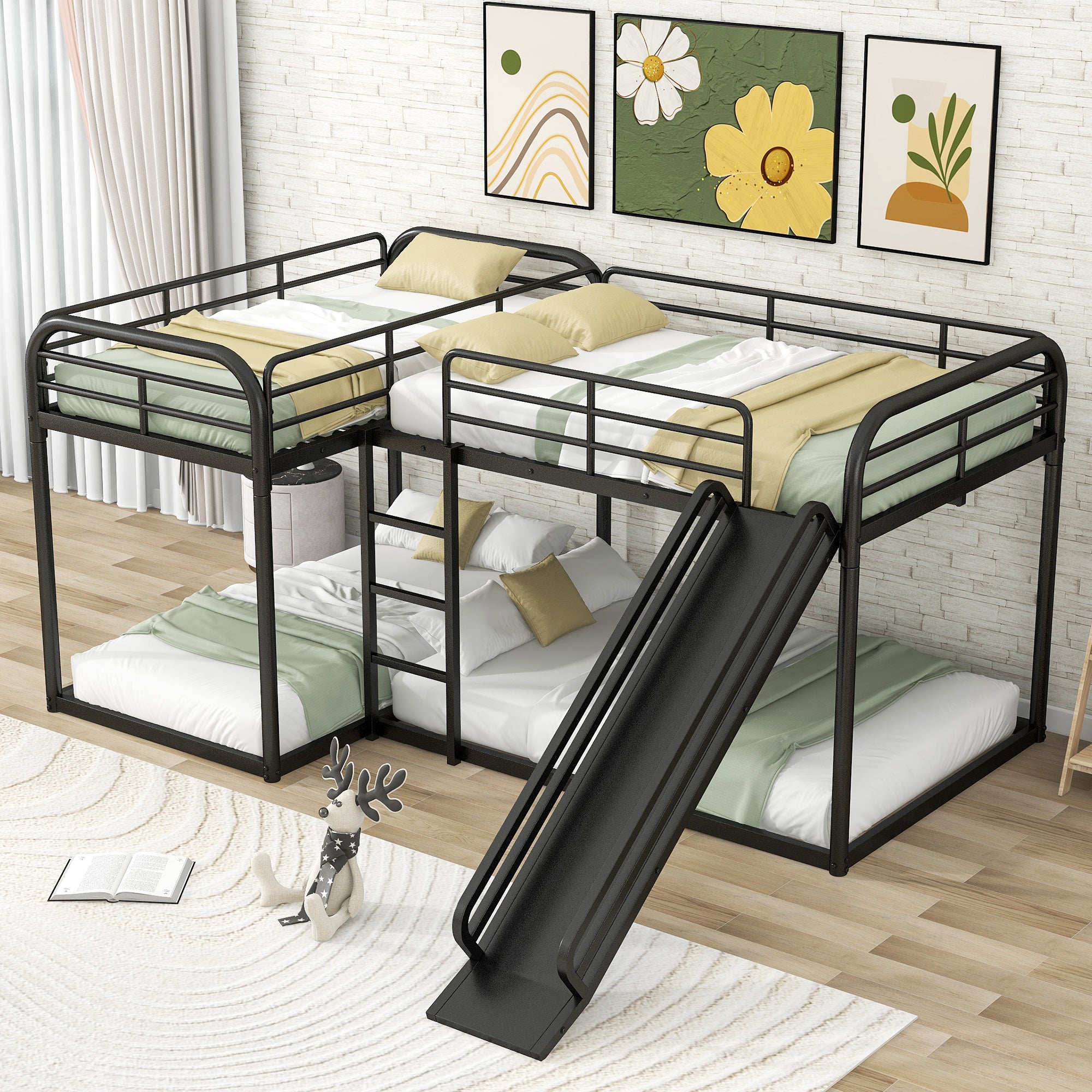 Full And Twin Size L Shaped Bunk Bed With Slide And Short Ladder, Black Black Metal