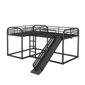 Full And Twin Size L Shaped Bunk Bed With Slide And Short Ladder, Black Black Metal