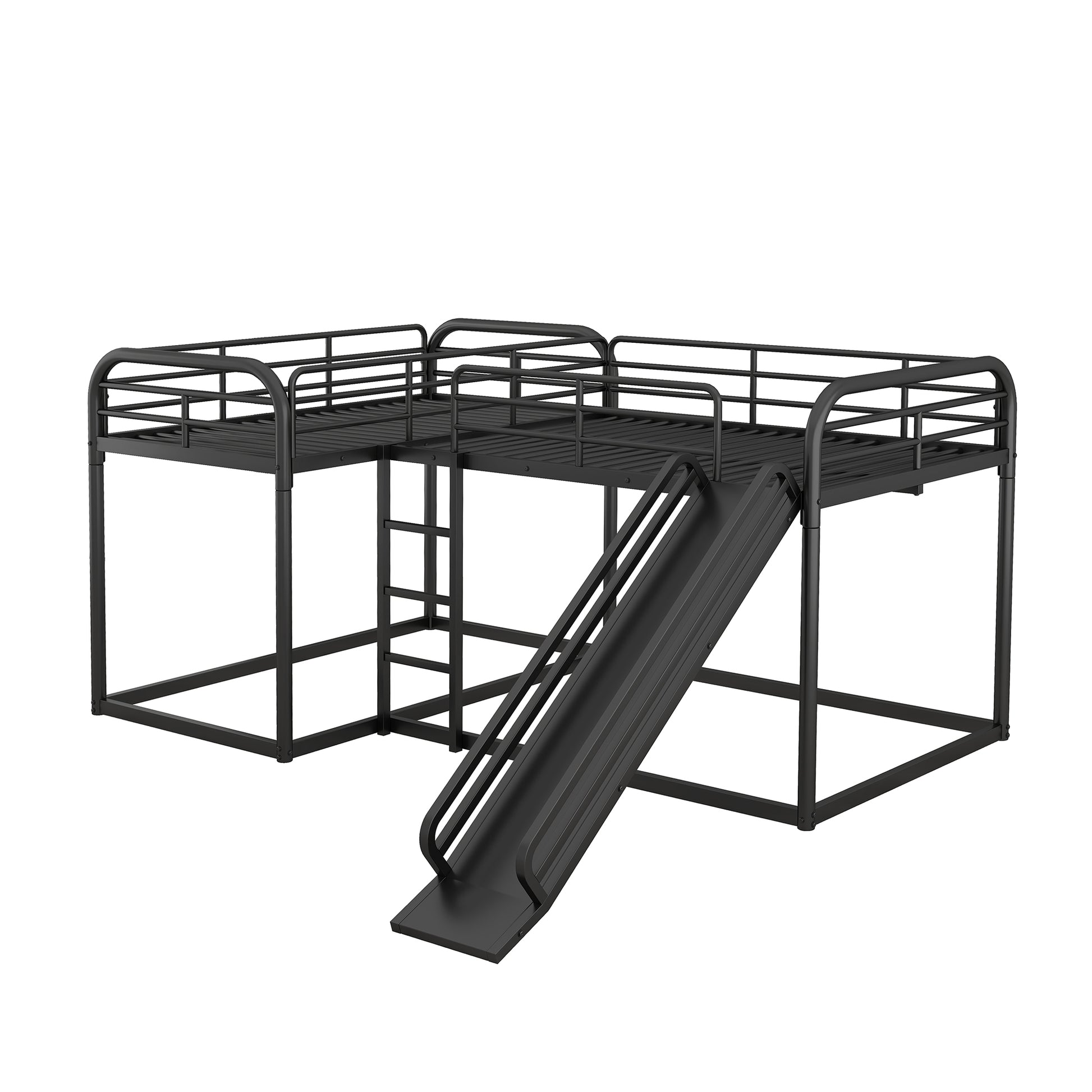 Full And Twin Size L Shaped Bunk Bed With Slide And Short Ladder, Black Black Metal