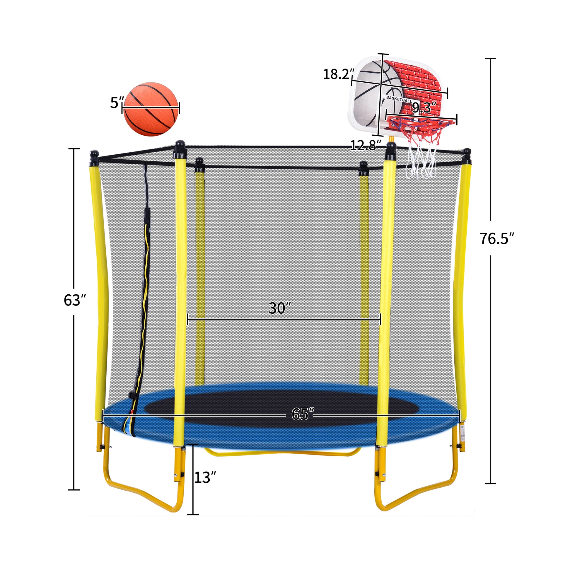 5.5Ft Trampoline For Kids 65" Outdoor & Indoor Mini Toddler Trampoline With Enclosure, Basketball Hoop And Ball Included Yellow Metal