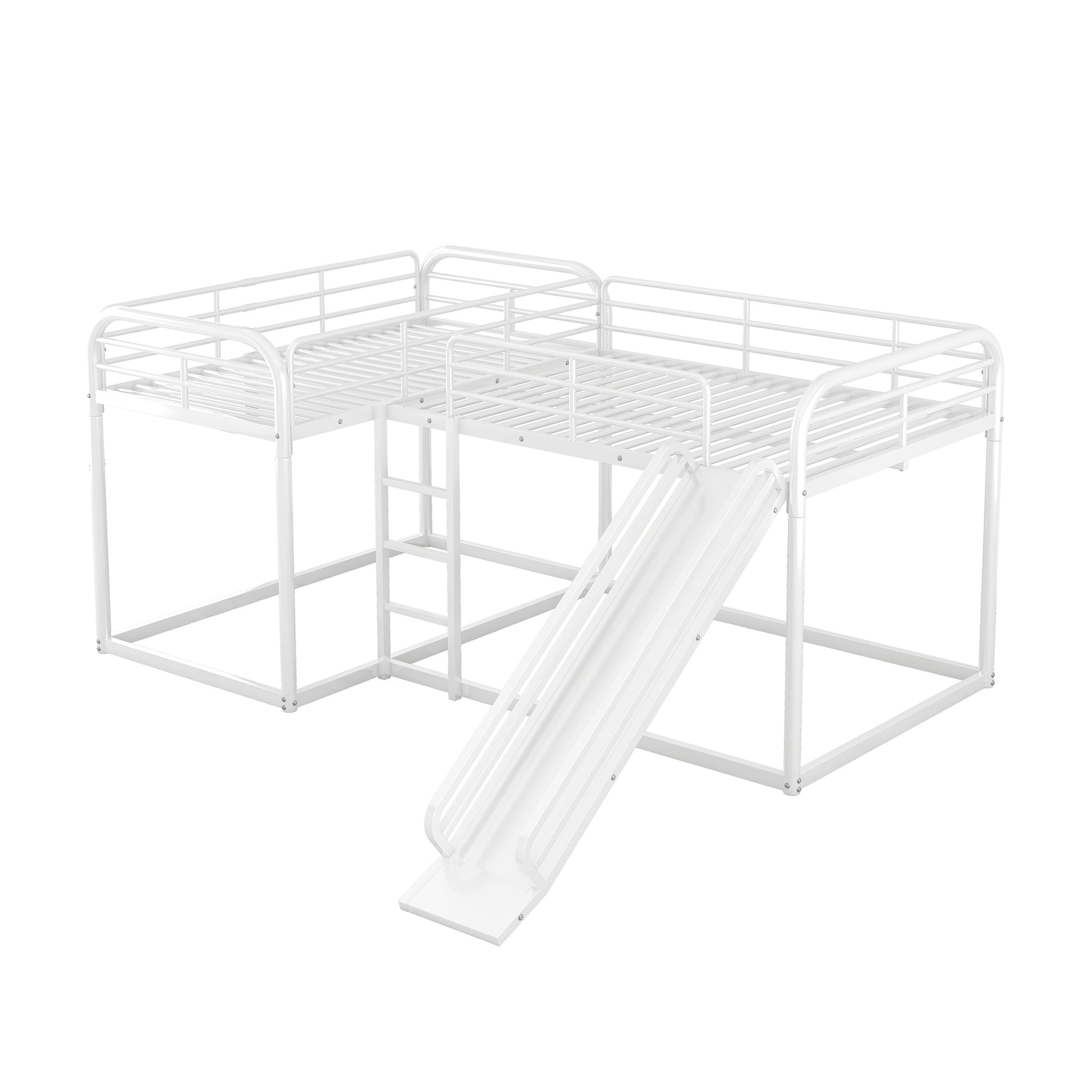 Full And Twin Size L Shaped Bunk Bed With Slide And Short Ladder, White Black Metal