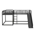 Full And Twin Size L Shaped Bunk Bed With Slide And Short Ladder, Black Black Metal