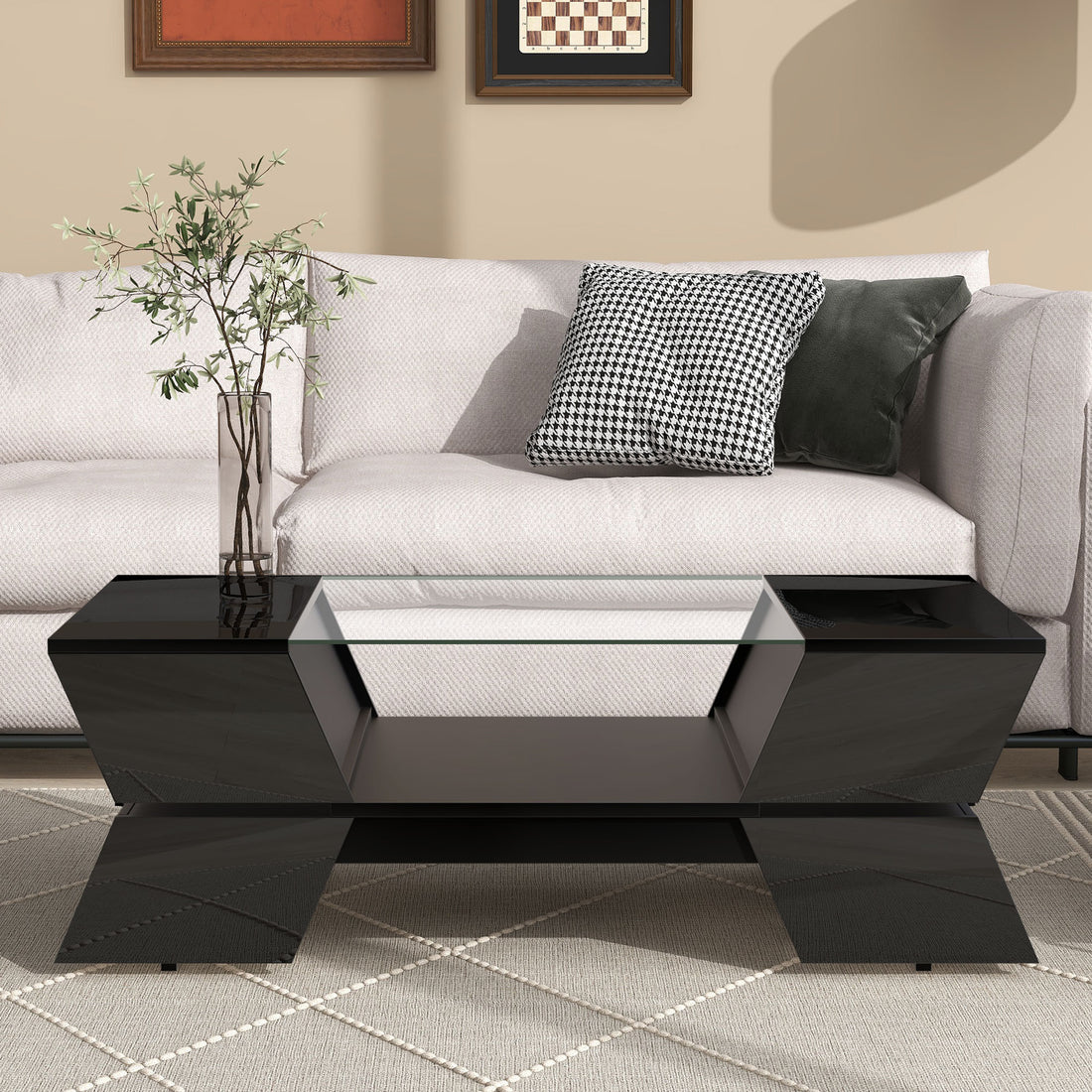 6Mm Glass Top Coffee Table With Open Shelves And Cabinets, Geometric Style Cocktail Table With Great Storage Capacity, Modernist 2 Tier Center Table For Living Room, Black Black Particle Board