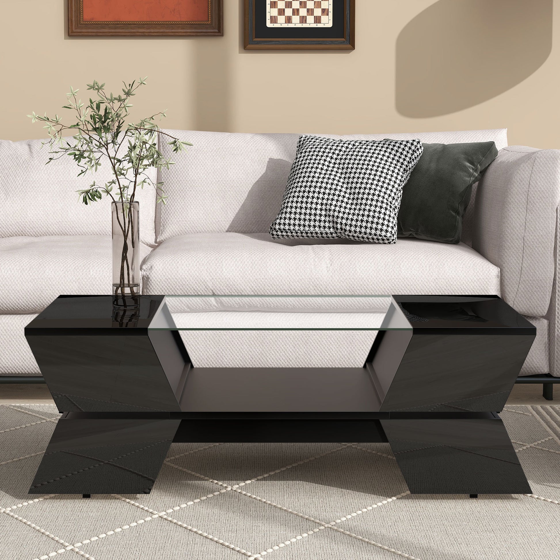 6Mm Glass Top Coffee Table With Open Shelves And Cabinets, Geometric Style Cocktail Table With Great Storage Capacity, Modernist 2 Tier Center Table For Living Room, Black Black Particle Board