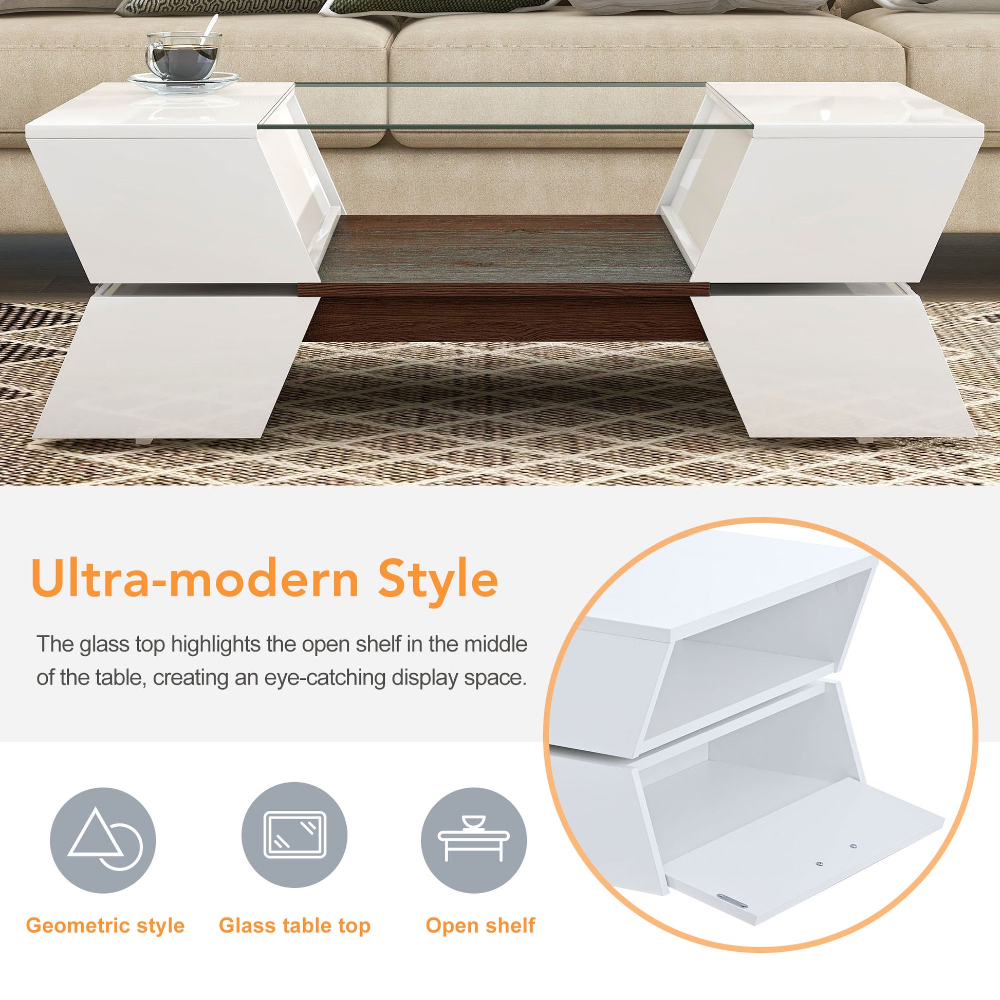 6Mm Glass Top Coffee Table With Open Shelves And Cabinets, Geometric Style Cocktail Table With Great Storage Capacity, Modernist 2 Tier Center Table For Living Room, White White Particle Board