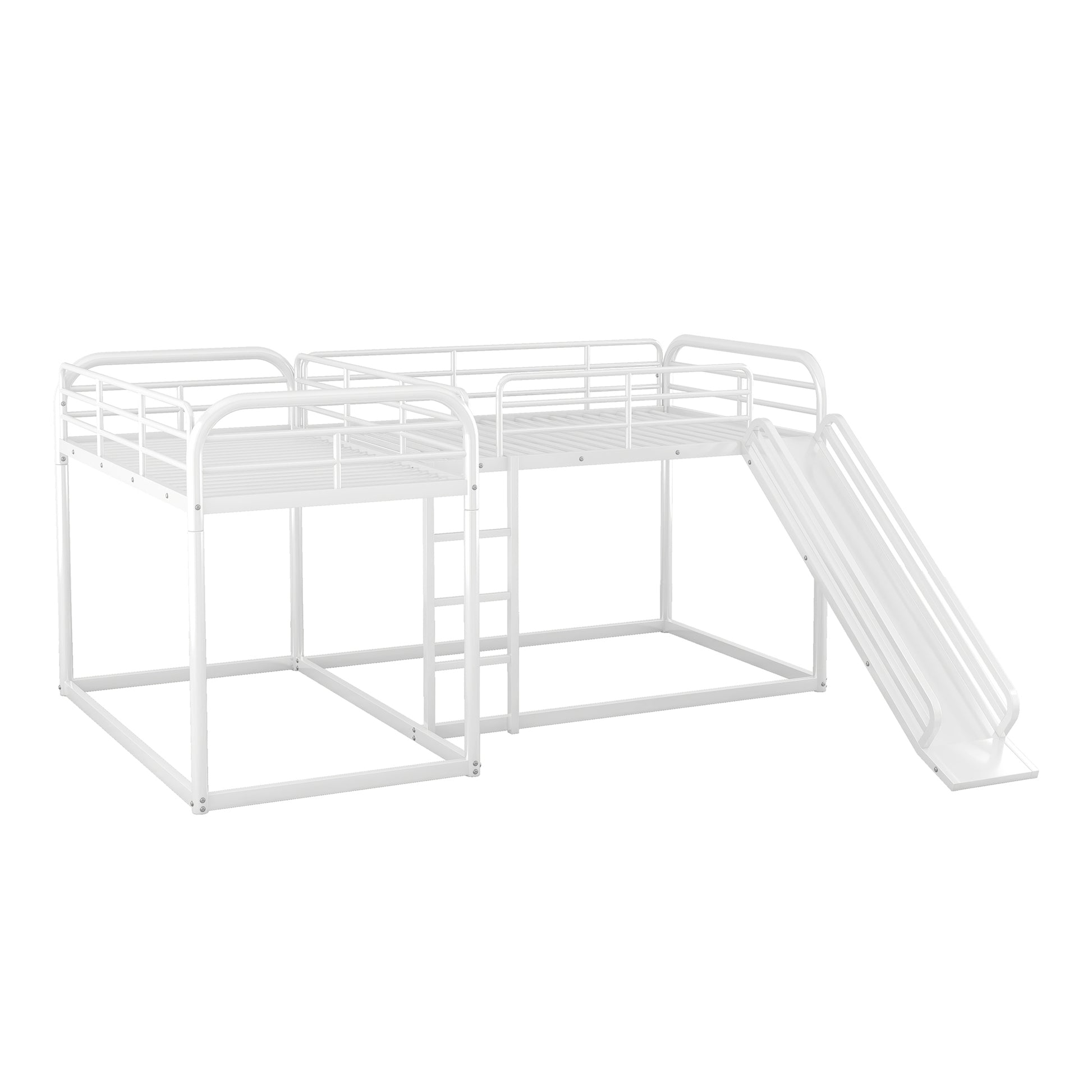 Full And Twin Size L Shaped Bunk Bed With Slide And Short Ladder, White Black Metal