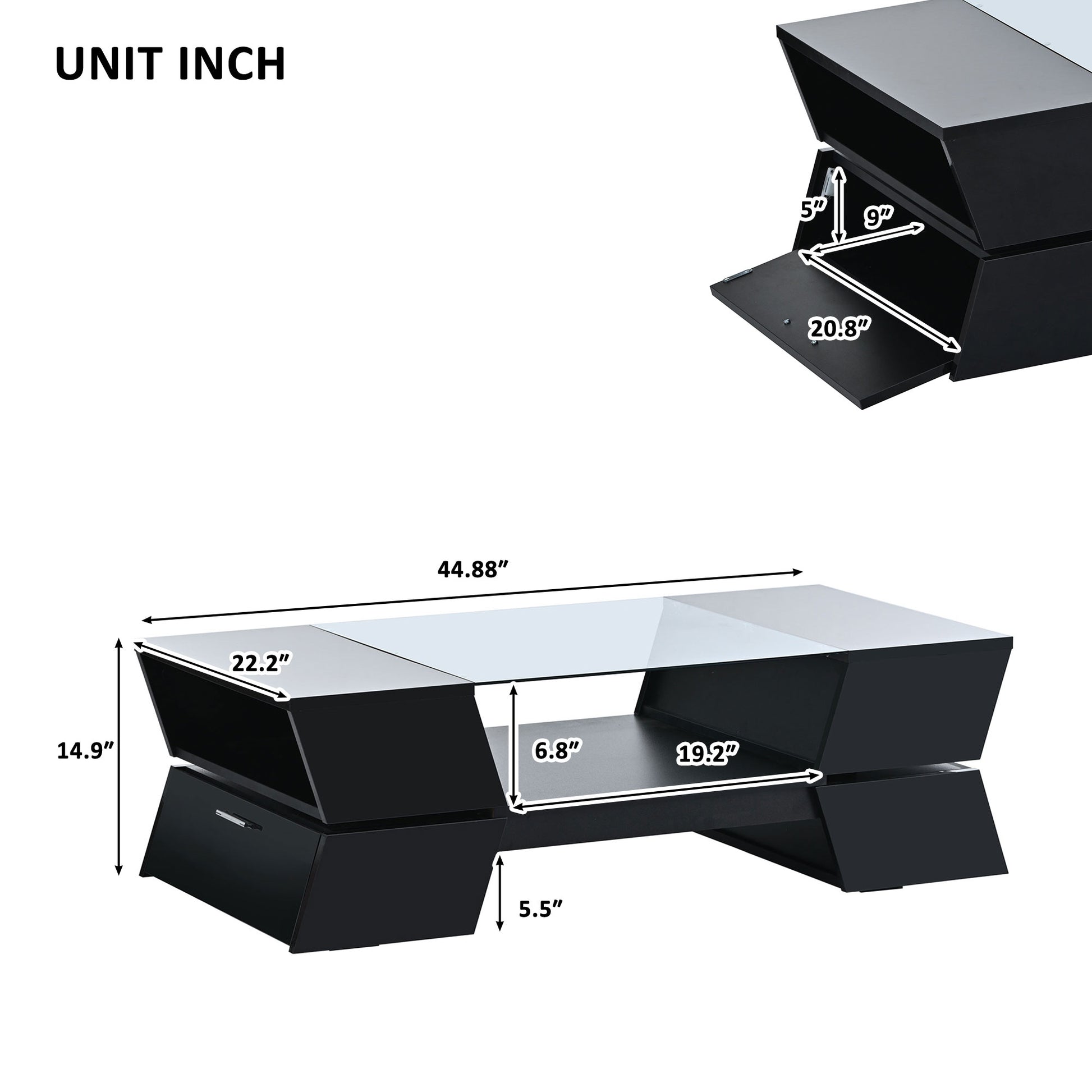 6Mm Glass Top Coffee Table With Open Shelves And Cabinets, Geometric Style Cocktail Table With Great Storage Capacity, Modernist 2 Tier Center Table For Living Room, Black Black Particle Board