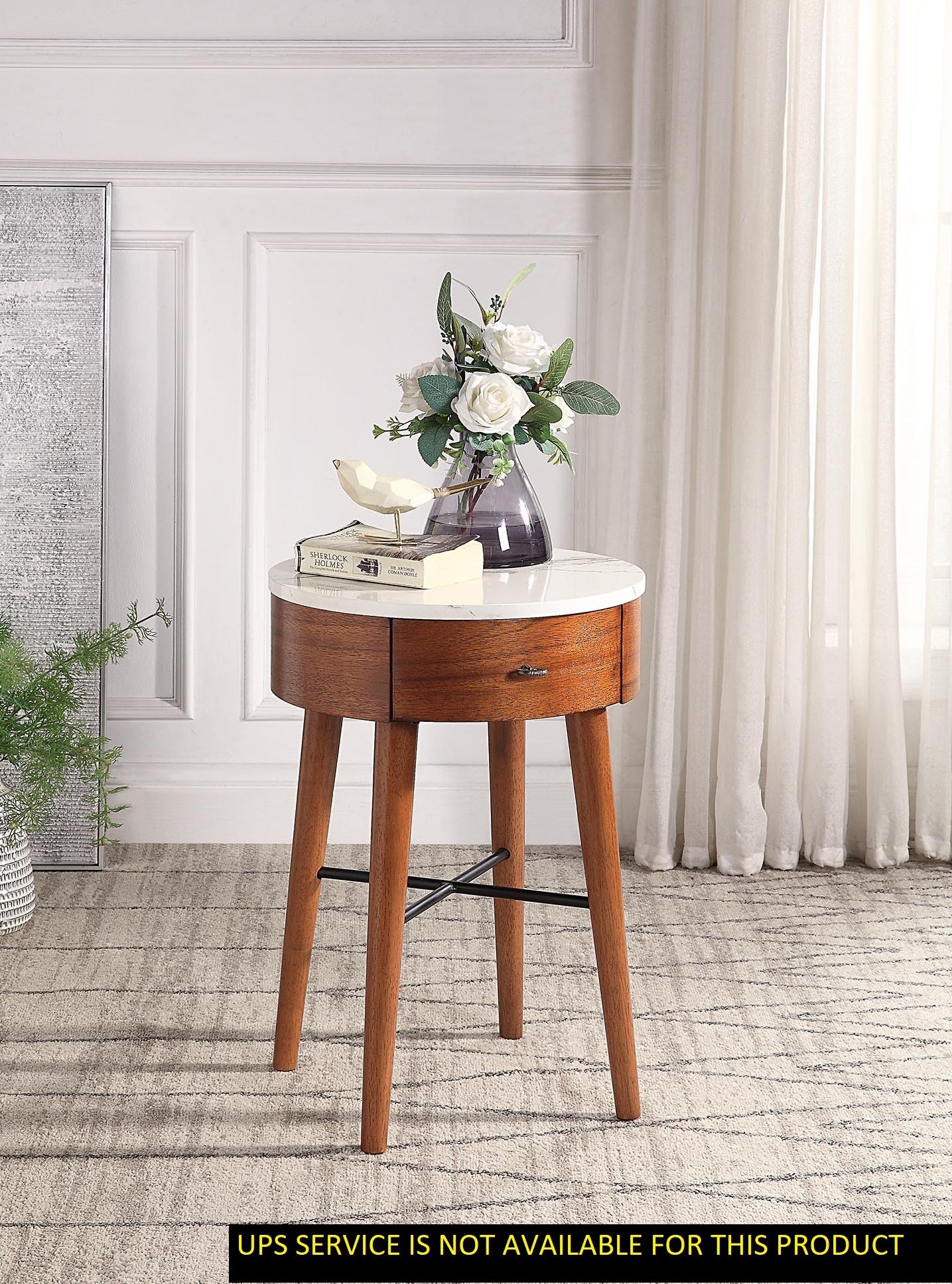 Walnut Finish 1Pc Round End Table With Faux Marble Top And Drawer Living Room Furniture Side Table Walnut Primary Living Space Modern Engineered Wood