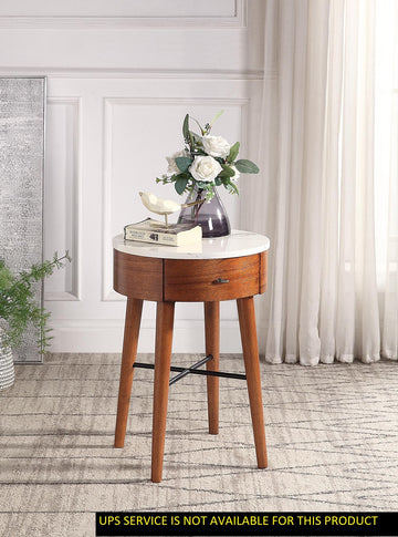 Walnut Finish 1Pc Round End Table With Faux Marble Top And Drawer Living Room Furniture Side Table Walnut Primary Living Space Modern Engineered Wood